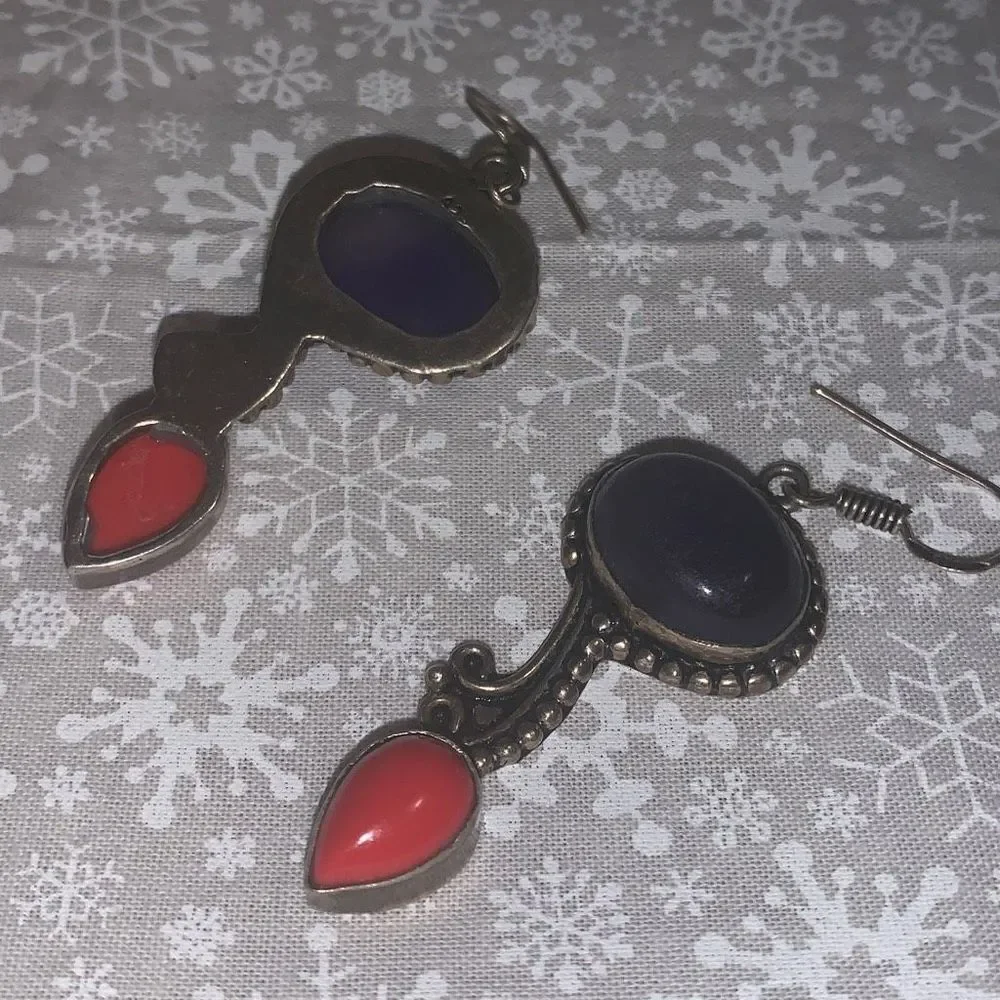 Sterling Silver 925 Blue Orange‎ Coral Drop Earrings Pierced